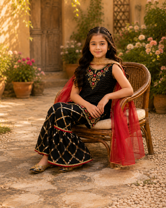 Girls 3 Piece Black Gharara Suit – Red Dupatta Festive Dress