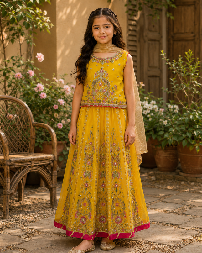 Girls 3 Piece Yellow Sharara Suit – Embroidered Festive Dress