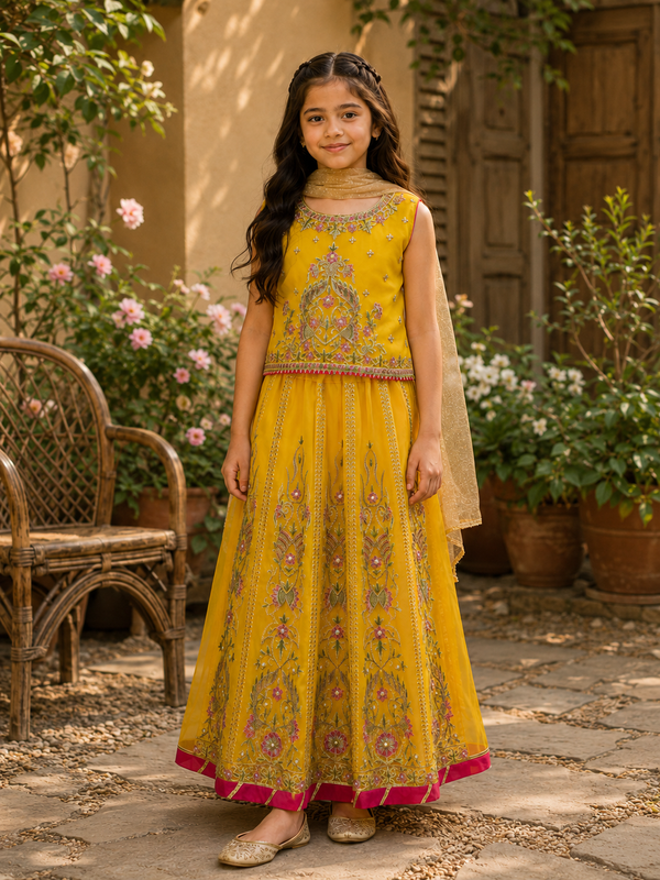 Girls 3 Piece Yellow Sharara Suit – Embroidered Festive Dress