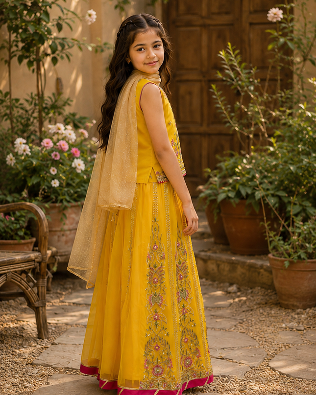 Girls 3 Piece Yellow Sharara Suit – Embroidered Festive Dress