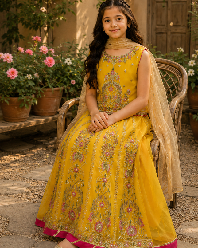 Girls 3 Piece Yellow Sharara Suit – Embroidered Festive Dress