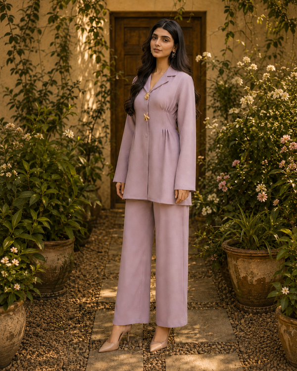 Women 2 Piece Lavender Co-Ord Set – Wide-Leg Trouser Suit