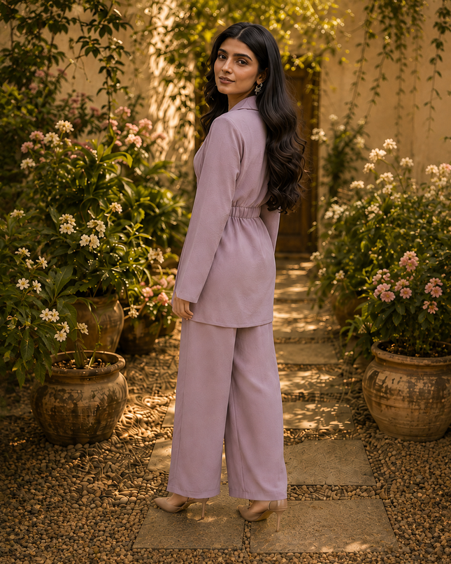 Women 2 Piece Lavender Co-Ord Set – Wide-Leg Trouser Suit
