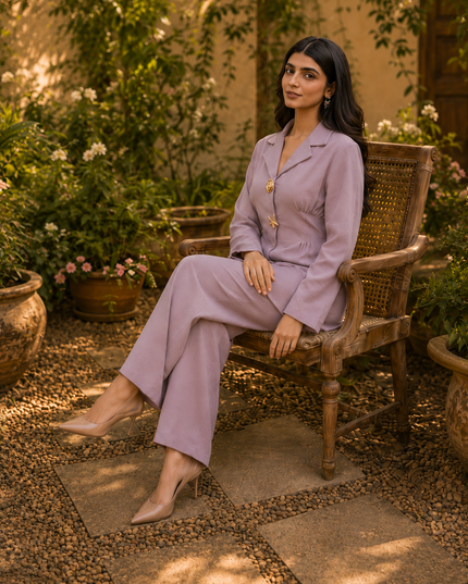 Women 2 Piece Lavender Co-Ord Set – Wide-Leg Trouser Suit