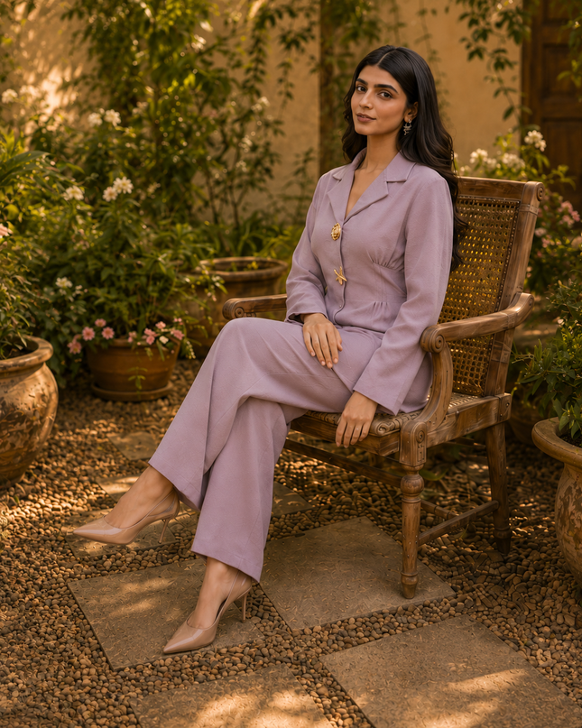 Women 2 Piece Lavender Co-Ord Set – Wide-Leg Trouser Suit