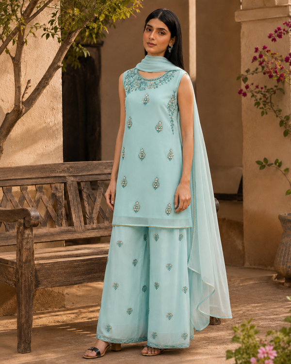Ice Blue Embellished 3-Piece Dress