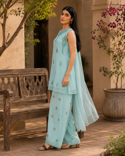 Ice Blue Embellished 3-Piece Dress