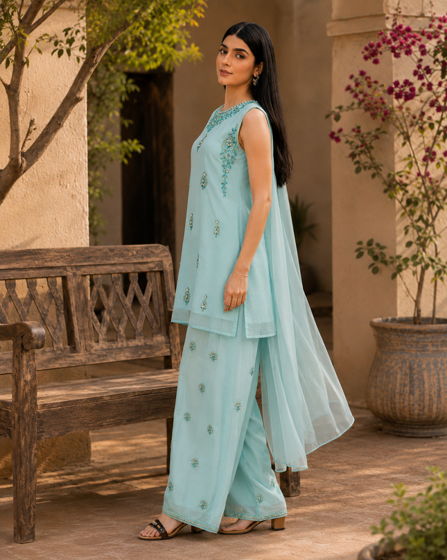 Ice Blue Embellished 3-Piece Dress