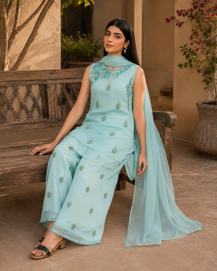 Ice Blue Embellished 3-Piece Dress