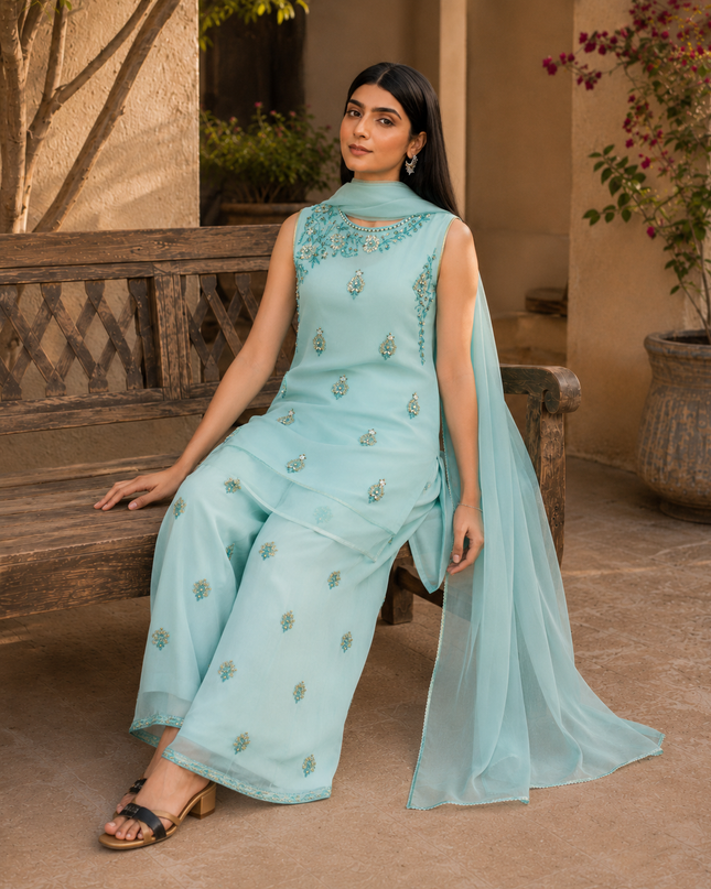 Ice Blue Embellished 3-Piece Dress