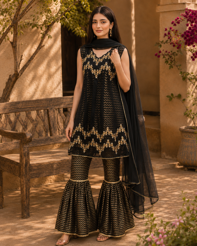 Black Embroidered Gharara 3-Piece Gharara