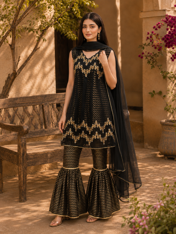 Black Embroidered Gharara 3-Piece Gharara