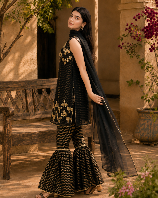 Black Embroidered Gharara 3-Piece Gharara