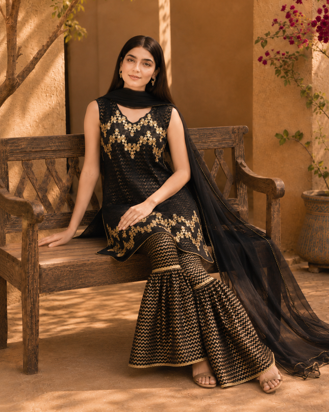 Black Embroidered Gharara 3-Piece Gharara