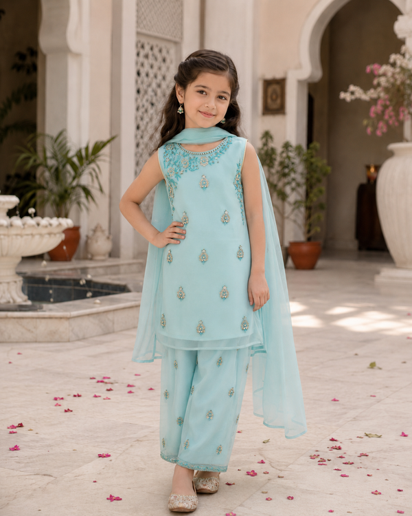 Sky Blue Embroidered 3-Piece Dress
