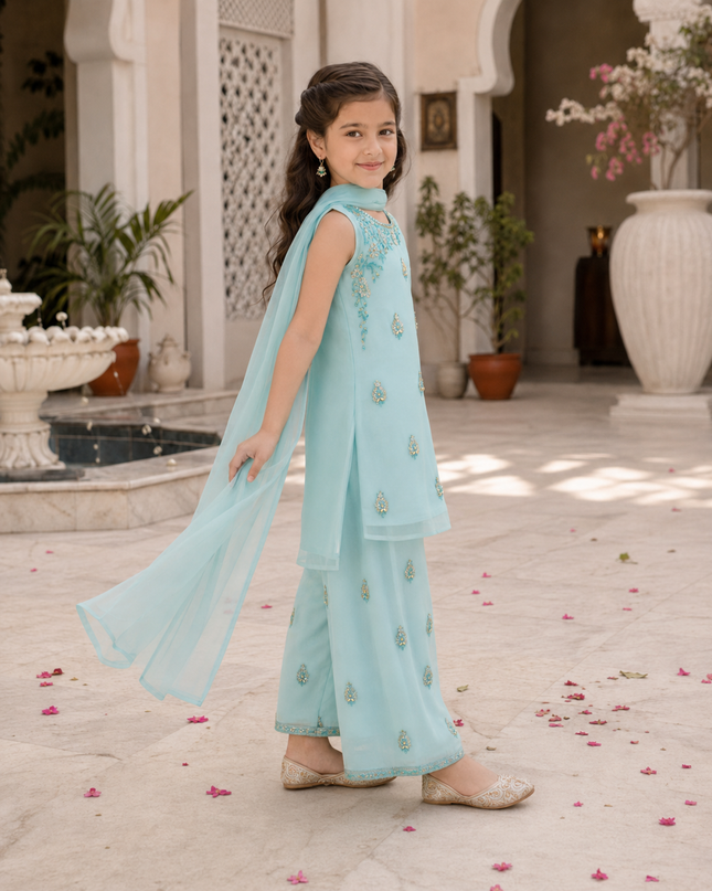 Sky Blue Embroidered 3-Piece Dress