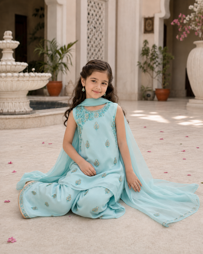 Sky Blue Embroidered 3-Piece Dress