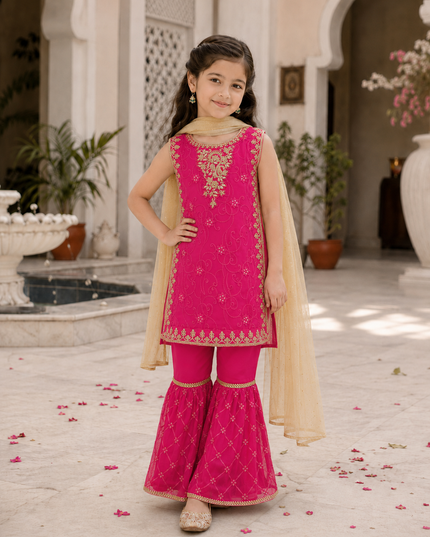Hot Pink Embroidered Gharara 3-Piece Dress