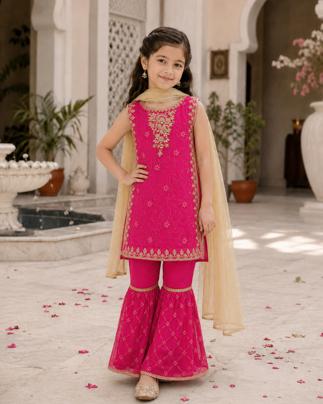 Hot Pink Embroidered Gharara 3-Piece Dress