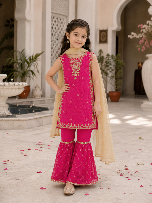 Hot Pink Embroidered Gharara 3-Piece Dress