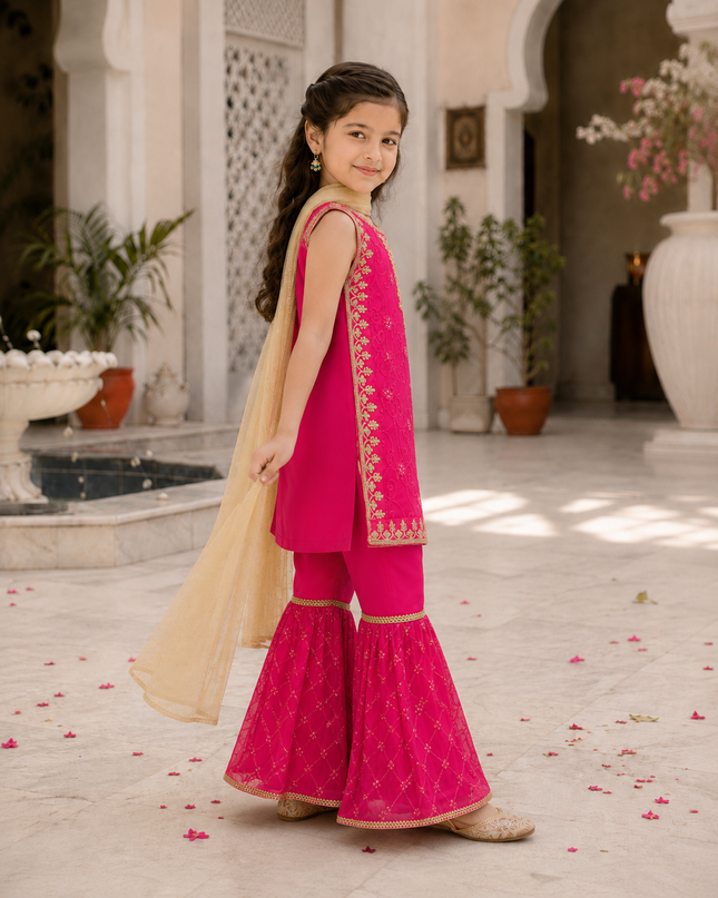 Hot Pink Embroidered Gharara 3-Piece Dress