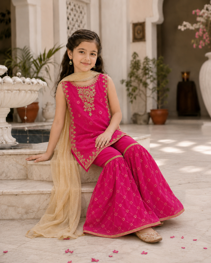 Hot Pink Embroidered Gharara 3-Piece Dress