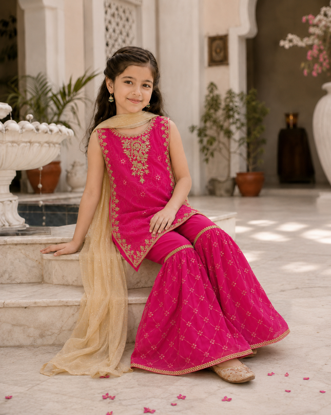 Hot Pink Embroidered Gharara 3-Piece Dress