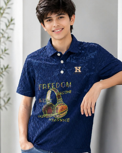Boys Navy Blue Textured Polo T-Shirt & Light Blue Denim Jeans Combo