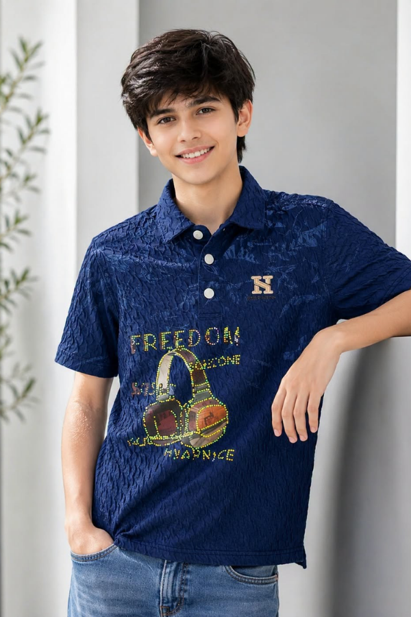 Boys Navy Blue Textured Polo T-Shirt & Light Blue Denim Jeans Combo