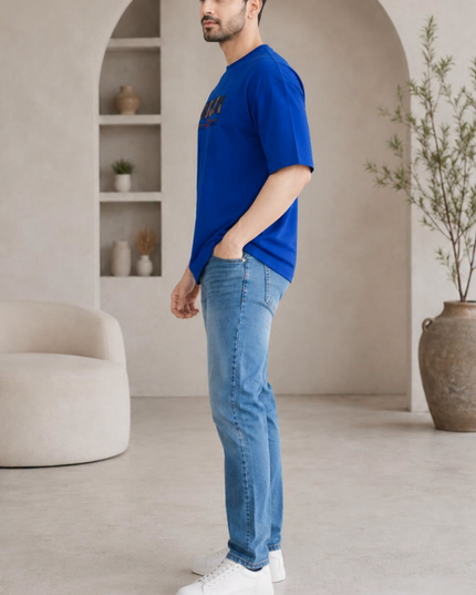 Men’s Royal Blue Oversized T-Shirt & Light Blue Straight-Fit Jeans Combo
