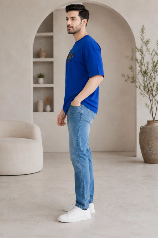 Men’s Royal Blue Oversized T-Shirt & Light Blue Straight-Fit Jeans Combo