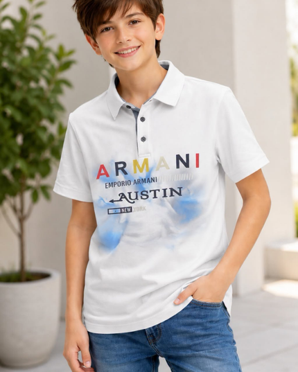Boys White Printed Polo T-Shirt & Blue Denim Jeans Combo