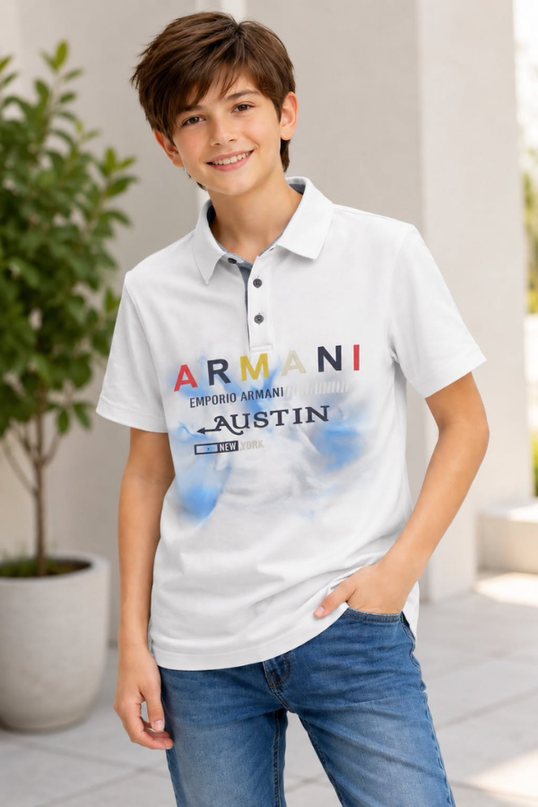 Boys White Printed Polo T-Shirt & Blue Denim Jeans Combo