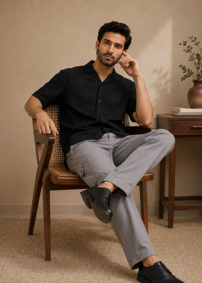Black short sleeve shirt with premium cargo pants