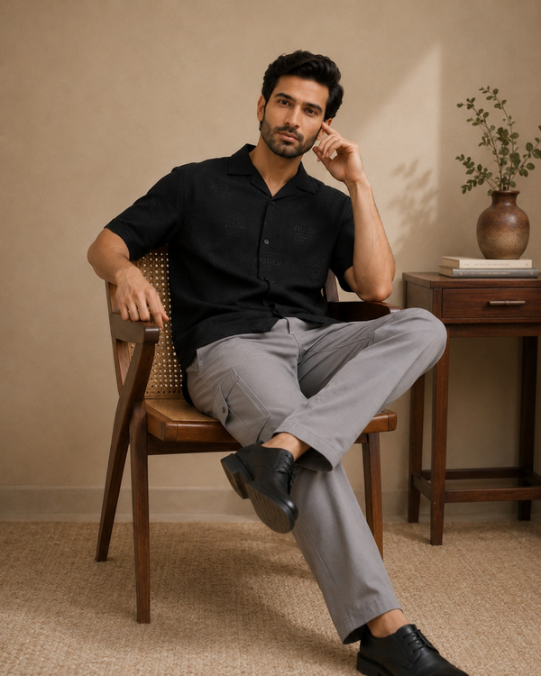 Black short sleeve shirt with premium cargo pants