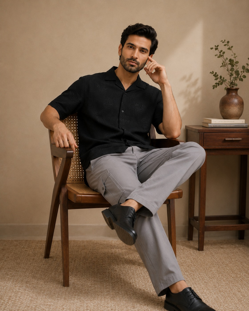 Black short sleeve shirt with premium cargo pants