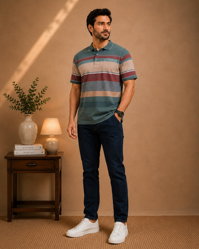 Premium Striped Polo T-Shirt and Denim Pant